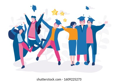 Happy graduating students, opportunities for young specialist. Vector illustration for web banner, infographics, mobile.