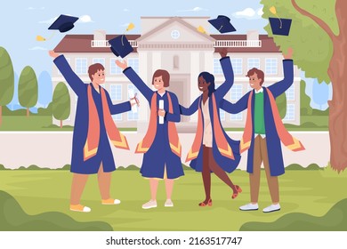 Happy graduating students at university flat color vector illustration. Education system. Fully editable 2D simple cartoon characters with campus building on background. Cardo font used