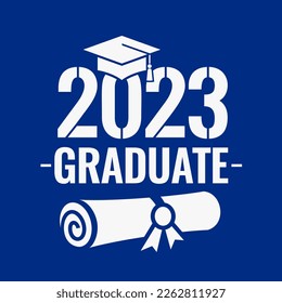 Happy graduation 2023 vector poster design isolated on blue background