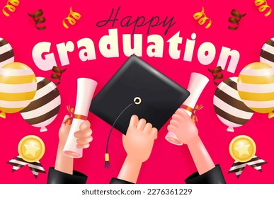 Happy Graduation. 3d vector of a hand holding a cap and certificate, with balloon and medal ornaments