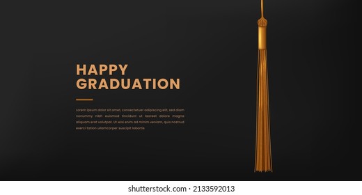 Feliz graduación decoración de banner con gorro dorado y fondo negro