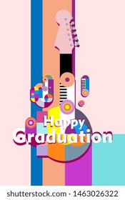 happy graduation, beautiful greeting card background or banner with colorful music theme. design vector illustration