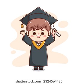 niño de graduación feliz con gorra y adorable kawaii chibi caricatura