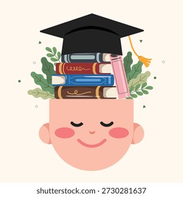 Muchacho feliz de la graduación, casquillo de la graduación, concepto de los estudiantes que se gradúan. Aprendizaje y Ilustración vectorial de la Educación.