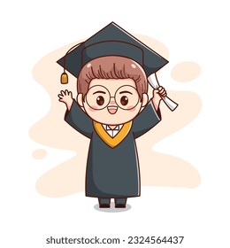 happy graduation boy wearing glasses with cap and gown cute kawaii chibi cartoon