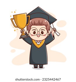 happy graduation boy wearing glasses holding trophy and paper cute kawaii chibi cartoon