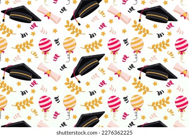 Happy Graduation. Cap, certificate, wheat and balloon pattern