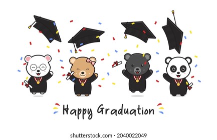 Happy Graduation Card With Cute Bear Graduating Doodle Cartoon Icon Illustration Design Flat Cartoon Style