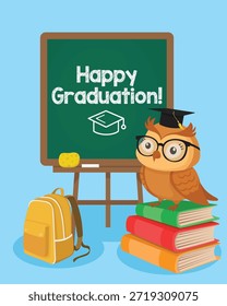 Happy graduation card featuring a school green board books and a wise owl wearing an academic hat in a vibrant celebratory composition