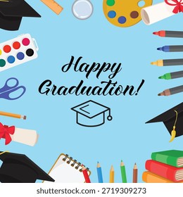 Tarjeta de graduación feliz con Elementos escolares en libros académicos de suministros de sombrero de fondo