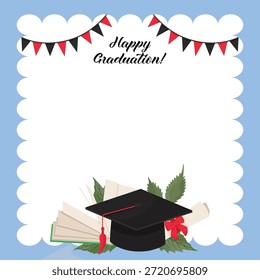 Happy graduation card vector with festive decorations academic hat open book diploma and vibrant education design