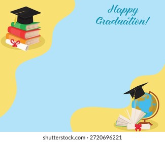 Vector de tarjeta de graduación feliz para escribir con Elementos escolares globo académico sombrero libros diploma y vibrante diseño de educación