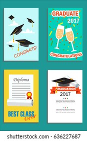 Happy Graduation Cards Set With Flying Hats, Diploma, Confetti, Vector Illustration. Layout Template Of Announcement Or Invitation To Ceremony.