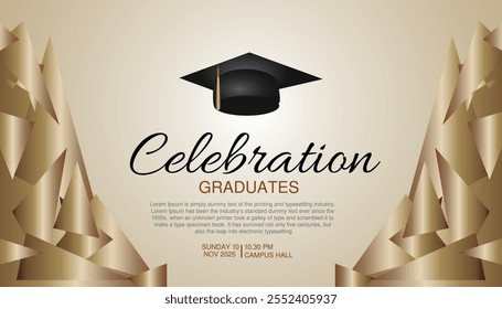 Feliz celebração de formatura congratulação com vetor 3d ilustração design fundo