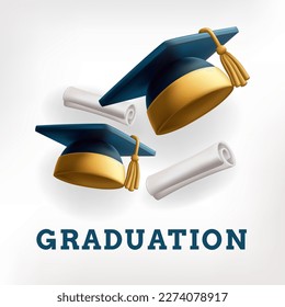 happy graduation celebration mortarboard graduation cap 3d cute element with certificate roll for education