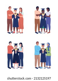 Happy Graduation Celebration Semi Flat Color Vector Characters Set. Standing Figures. Full Body People On White. Ceremony Simple Cartoon Style Illustration For Web Graphic Design And Animation Pack