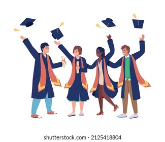 Happy graduation ceremony semi flat color vector characters. Standing figures. Full body people on white. Festive celebration simple cartoon style illustration for web graphic design and animation