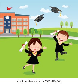 Happy graduation. Cheerful graduate students jumping for joy on the college or university.
