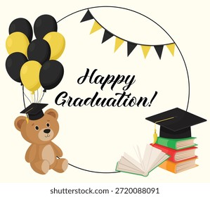 Feliz cartão de moldura circular de formatura com bonitinho boné de brinquedo acadêmico e pilha de livros para design de celebração