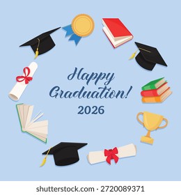 Quadro circular de graduação feliz feita a partir de elementos da escola com livros de troféu cap acadêmico diploma e medalha para a celebração da educação
