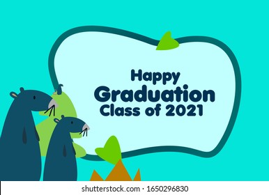 happy graduation class of 2021, beautiful greeting card background or template banner with cute baby animal character theme. vector design illustration