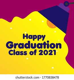 Happy Graduierung Klasse von 2021, schöne Grußkartenhintergrund oder Banner mit Licht der Lampe Thema. Vektorgrafik