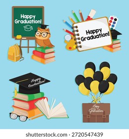 Composición feliz de la graduación con el diseño vibrante que presenta los globos del maletín del libro del tablero de los Elementos escolares y el sombrero académico para la educación