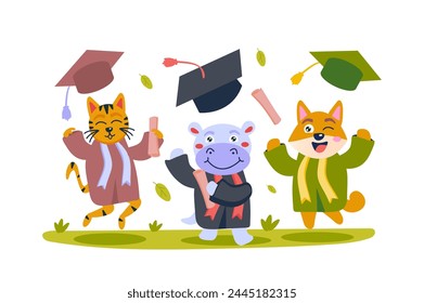 Happy graduation concept with character scene in flat cartoon design. The hippopotamus cat and the fox are happy and celebrating the completion of their studies. Vector illustration.