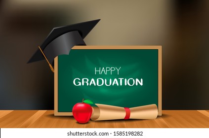 happy graduation concept with green chalk board at the class with graduation cap, certificate paper, apple, on the wood table