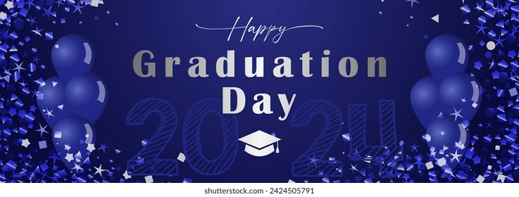 Happy Graduation Day decorative banner with 3D elements. Class of 2024 school wallpaper. Prom decoration. Holiday blue background with glittering frame. Invitation template. Greeting card concept.