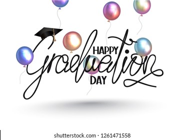 Happy Graduation day lettering and colorful air balloons. Vector illustration