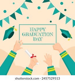 Happy Graduation Day poster with many hands raised to celebrate graduation