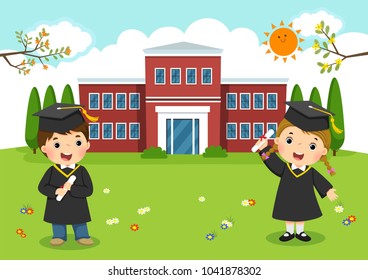 Happy graduation day. School kids graduation in front of school building