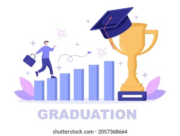 Happy Graduation Day of Students Celebrating Background Vector Illustration Wearing Academic Dress, Graduate Cap and Holding Diploma in Flat Style