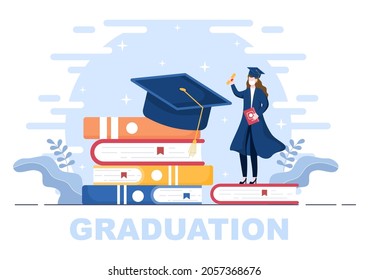 Happy Graduation Day of Students Celebrating Background Vector Illustration Wearing Academic Dress, Graduate Cap and Holding Diploma in Flat Style