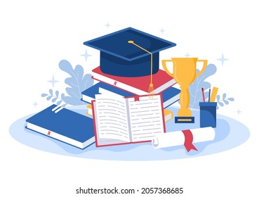 Happy Graduation Day of Students Celebrating Background Vector Illustration Wearing Academic Dress, Graduate Cap and Holding Diploma in Flat Style