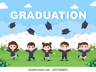 Happy Graduation Day of Students Celebrating Background Vector Illustration Wearing Academic Dress, Graduate Cap and Holding Diploma in Flat Style