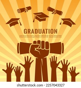 Happy graduation educational greeting poster design, students raised arms and flying mortarboard hats