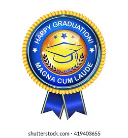 Happy Graduation elegant award ribbon with cap. Magna cum Laude