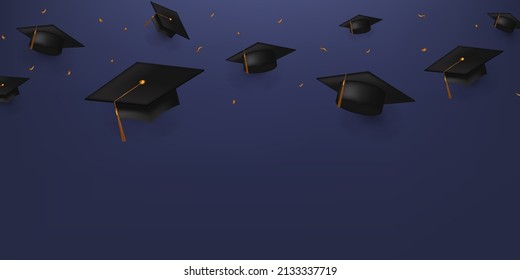 Happy graduation with falling graduation cap with golden confetti and blue background