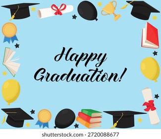 Happy graduation frame with academic cap balloons stack of books diploma and medal for festive education event