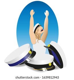 A happy graduation girl celebrating "Studenten", the finish from Gymnasium. Traditional Swedish graduation caps. Blue and black ribbons. Vector Illustration