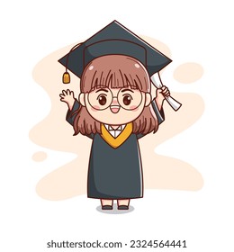 happy graduation girl wearing glasses with cap and gown cute kawaii chibi cartoon