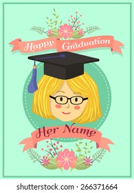 Happy Graduation Greeting Card With A Glasses Girl In Mint Green Background.