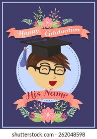 Happy Graduation Greeting Card With A Men In Blue Background.