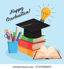 Cartão de boas-vindas de formatura feliz com pilha de livros, chapéu acadêmico e material escolar comemorando o sucesso da aprendizagem e marco da educação