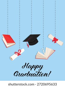 Feliz vetor de cartão de formatura com pendurado livros de diploma de chapéu acadêmico e elementos escolares no fundo azul