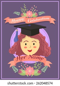 Happy Graduation greeting card with a woman in purple background.