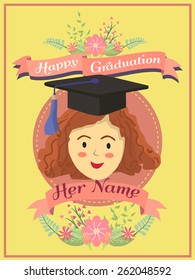 Happy Graduation Greeting Card With A Woman In Yellow Background.