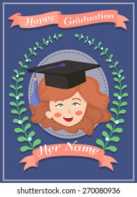 Happy Graduation greeting card with a woman in blue background.
